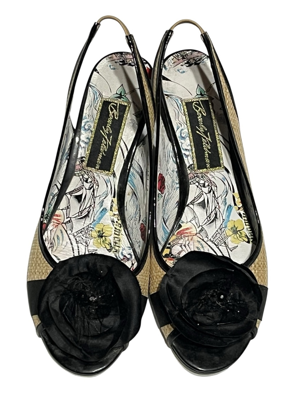 Beverly Feldman Black & Tan Raffia Sandals